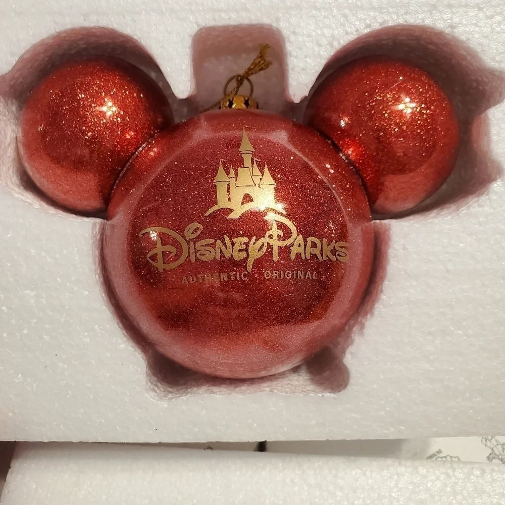 Disney Parks Mickey Mouse Ears Icon Christmas Ornament Red Glitter